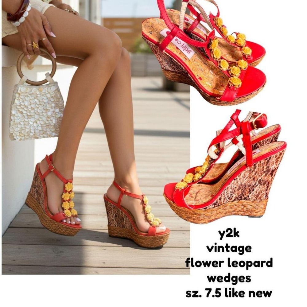 🐆 VINTAGE Y2K ROSES FLOWER BEADED‎ LEOPARD WEDGES 7.5 LIKE NEW🐆